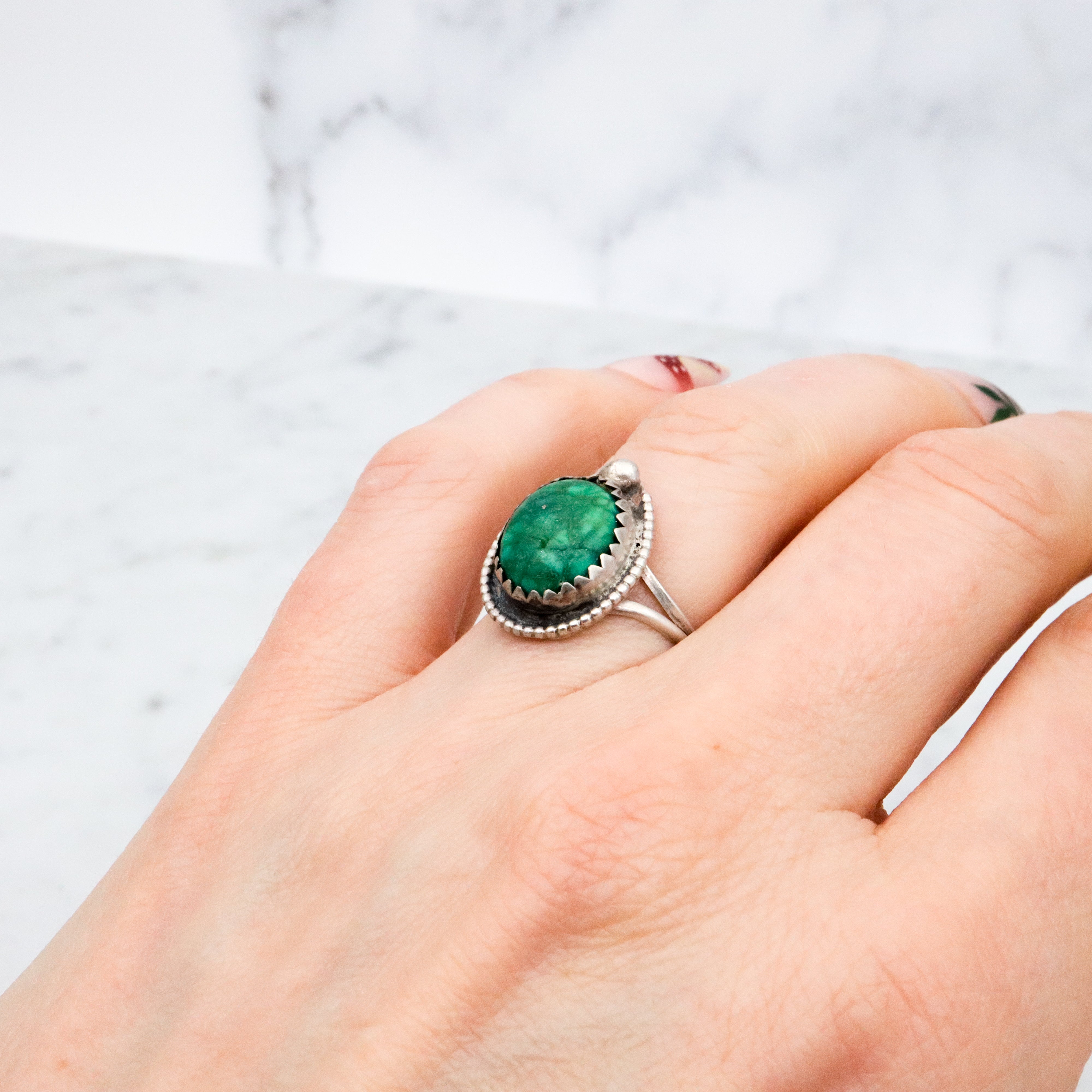 Vintage Native American sterling green turquoise ring, size 6 1/4